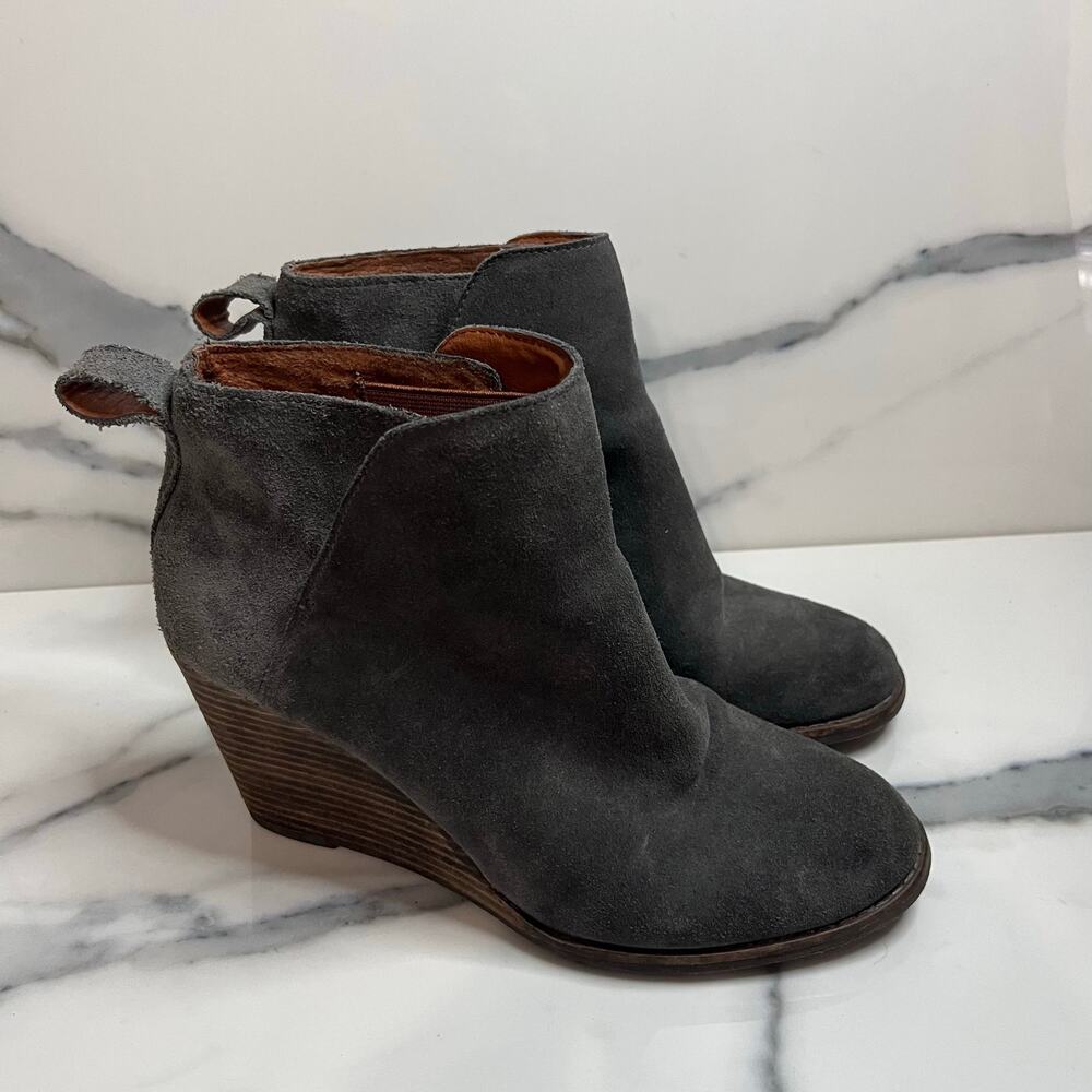 Lucky Brand Women's Gray Leather Yezzah Wedge Boot Sz 7 Minimalist Festival Boho
